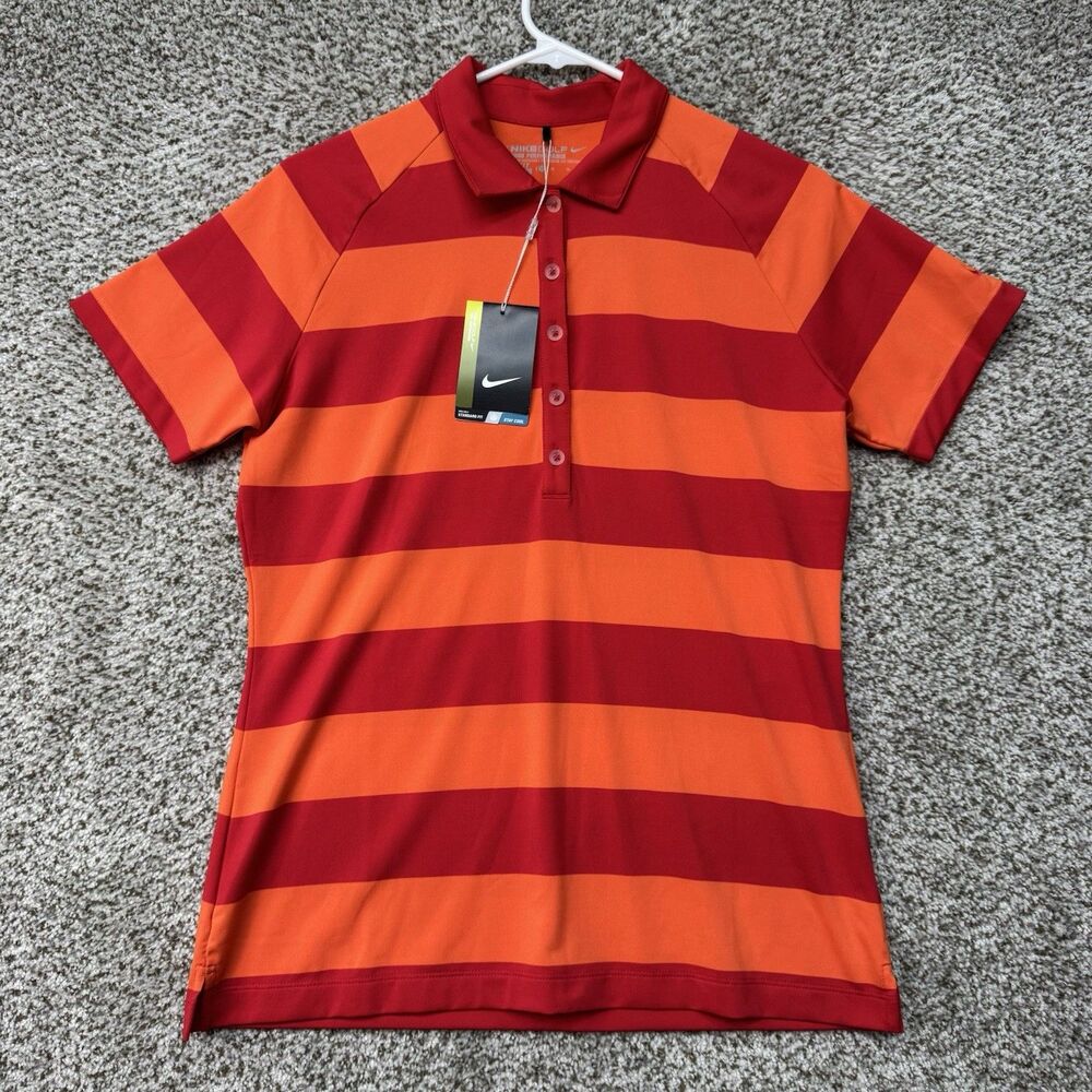 Nike Polo Shirt Women's Medium Pink Orange Stripes Tour Performance‎ Stretch New